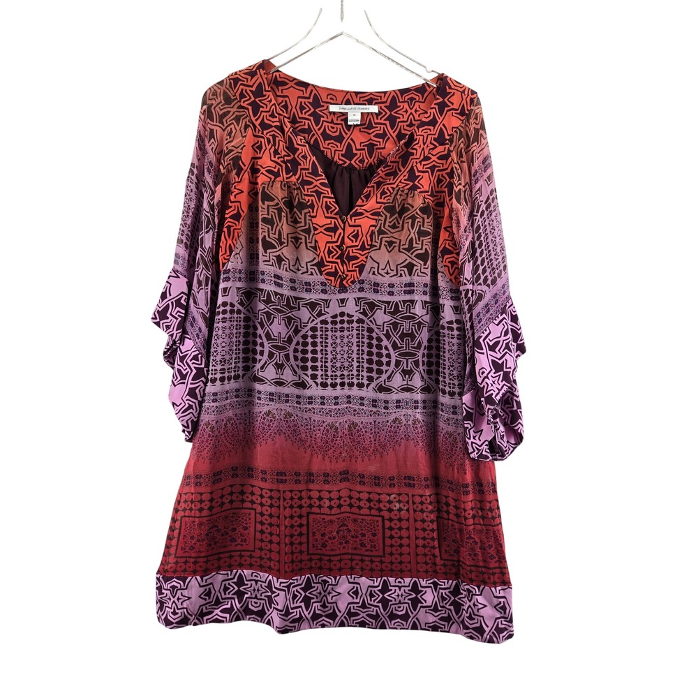 Diane von Furstenberg Tabalah Silk Tunic Shift Dress Red Purple Geometric Sz 10